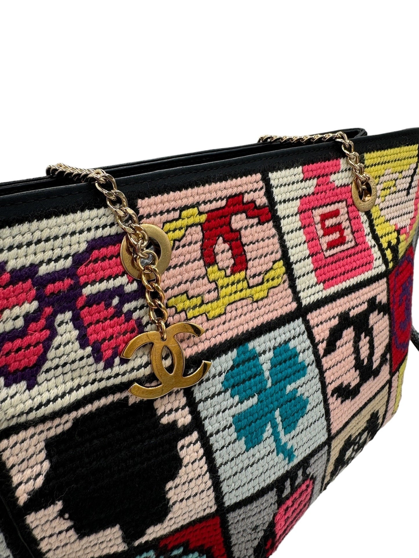 CHANEL - Icon Tote Bag Black Light Pink Multi Wool Satin Lambskin
