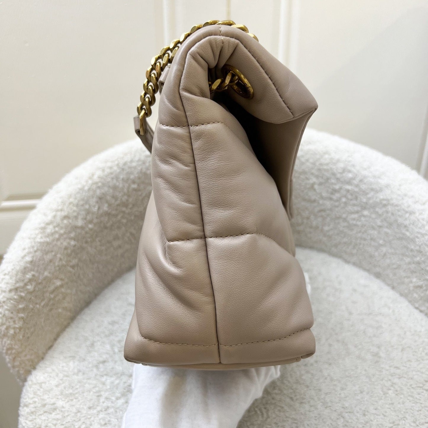 Saint Laurent YSL Small Loulou Puffer in Beige Lambskin and GHW