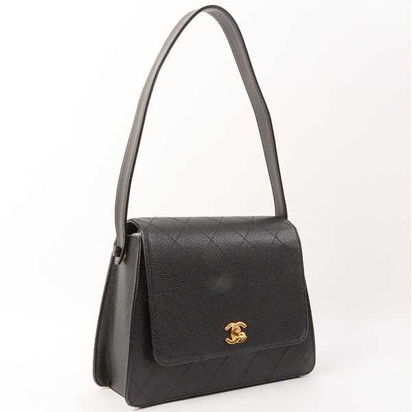 Chanel Around 1997 Made Caviar Skin Turn-Lock Shoulder Bag Black