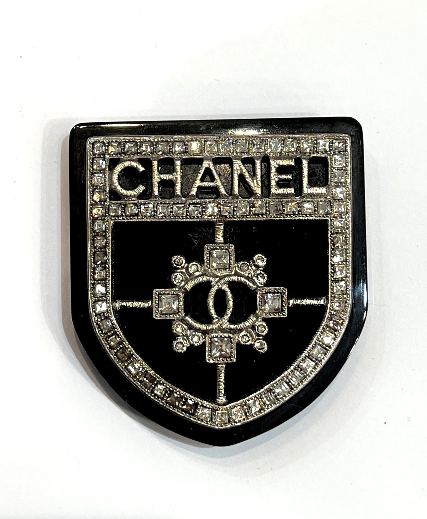 CHANEL CC Crystal Crest Shield Armor Brooch