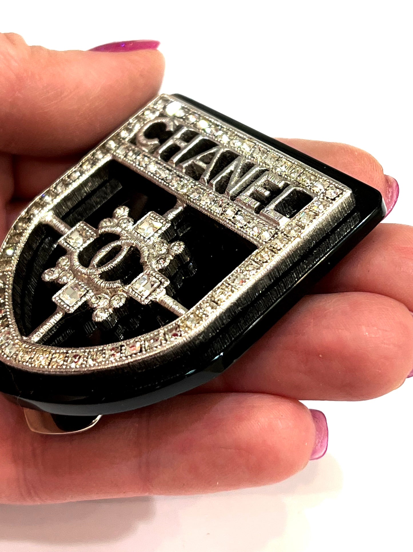 CHANEL CC Crystal Crest Shield Armor Brooch