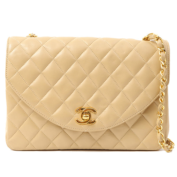 Chanel Around 1990 Made Round Flap Turn-Lock Chain Bag Beige