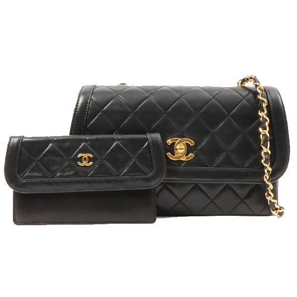Chanel Around 1990 Made Design Flap Turn-Lock Chain Bag With Pouch Black