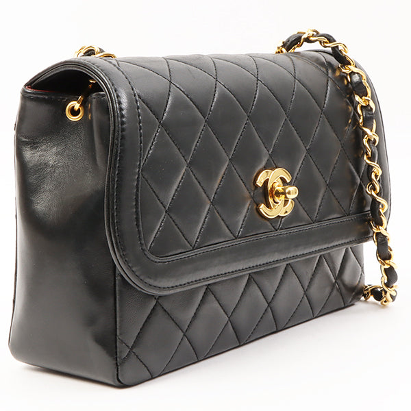 Chanel Around 1990 Made Design Flap Turn-Lock Chain Bag With Pouch Black