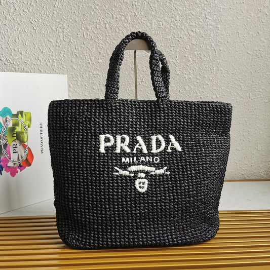 PRADA crochet tote bag 40cm black raffia