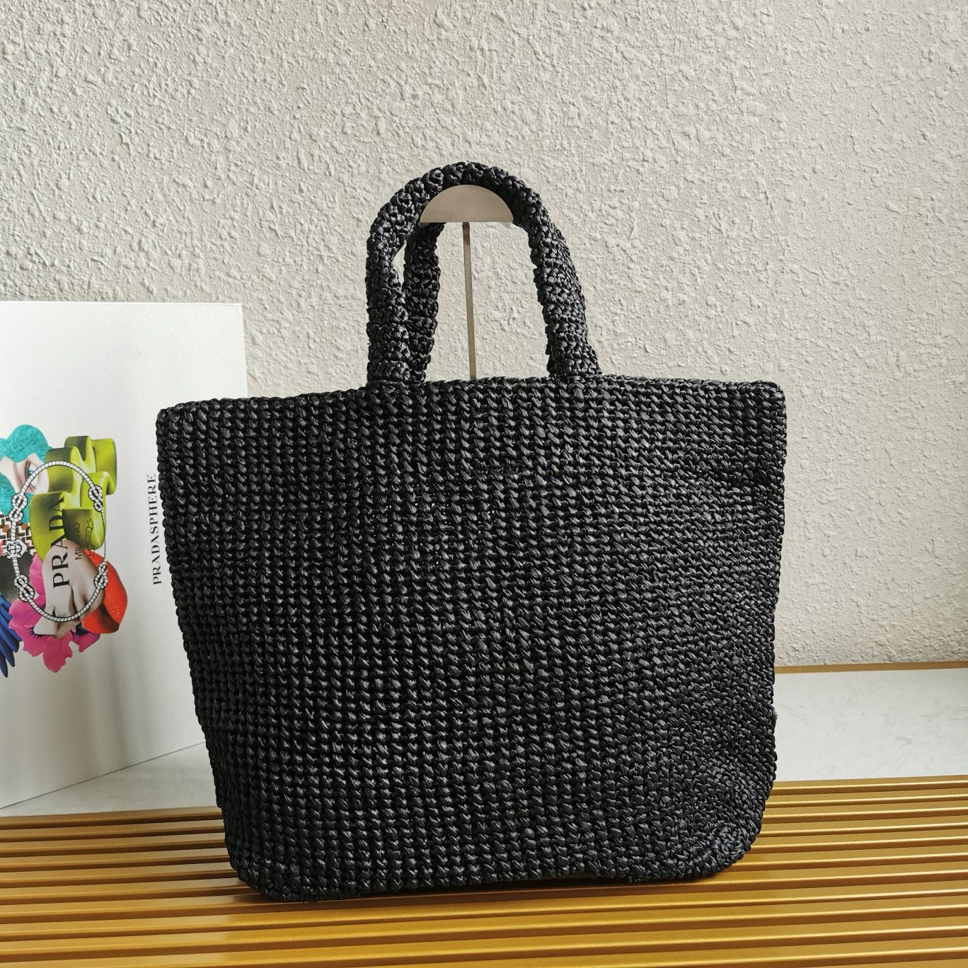 PRADA crochet tote bag 40cm black raffia