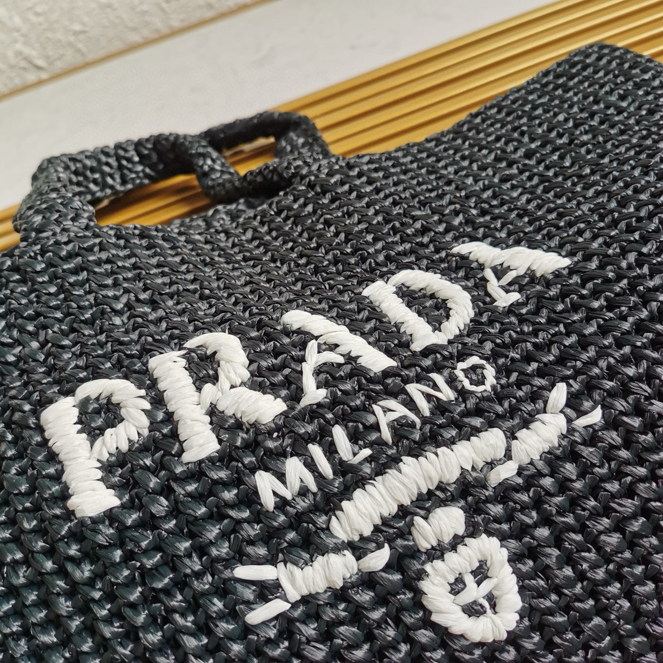 PRADA crochet tote bag 40cm black raffia