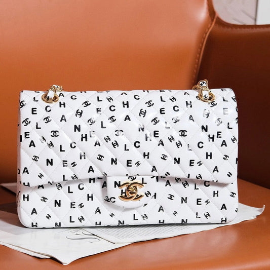 CHANEL 24s flap bag white calfskin multi logo gold hardware