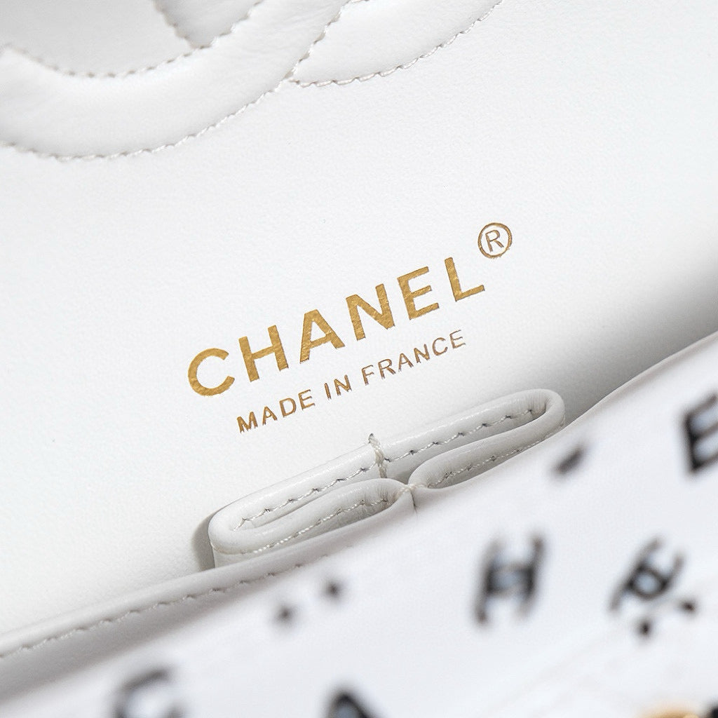 CHANEL 24s flap bag white calfskin multi logo gold hardware
