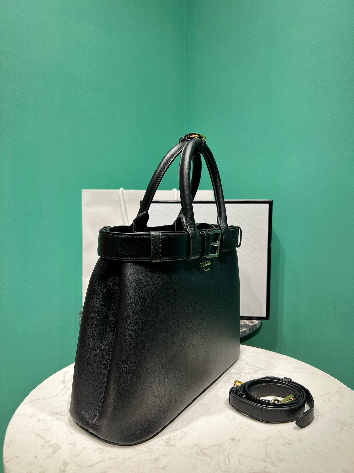 PRADA buckle medium 35cm black calfskin gold hardware