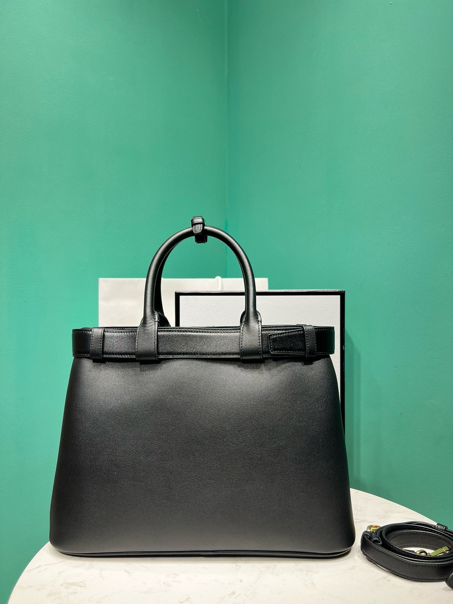 PRADA buckle medium 35cm black calfskin gold hardware
