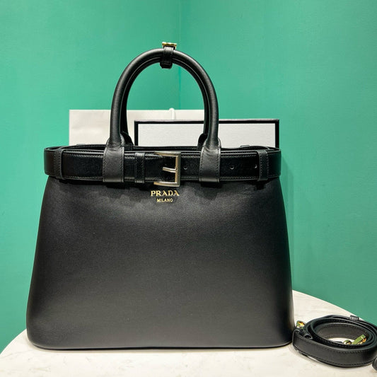 PRADA buckle medium 35cm black calfskin gold hardware