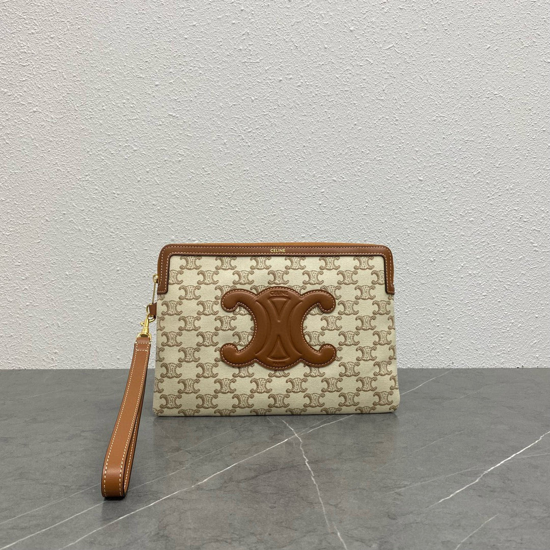 Celine small pouch with strap 24cm beige textile tan calfskin