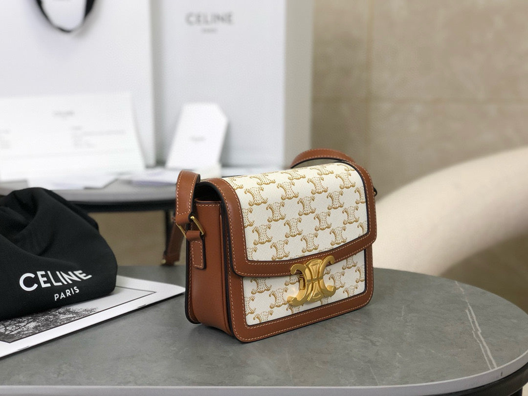 Celine TEEN TRIOMPHE 18.5 WHITE MONOGRAM CANVAS TAN CALFSKIN