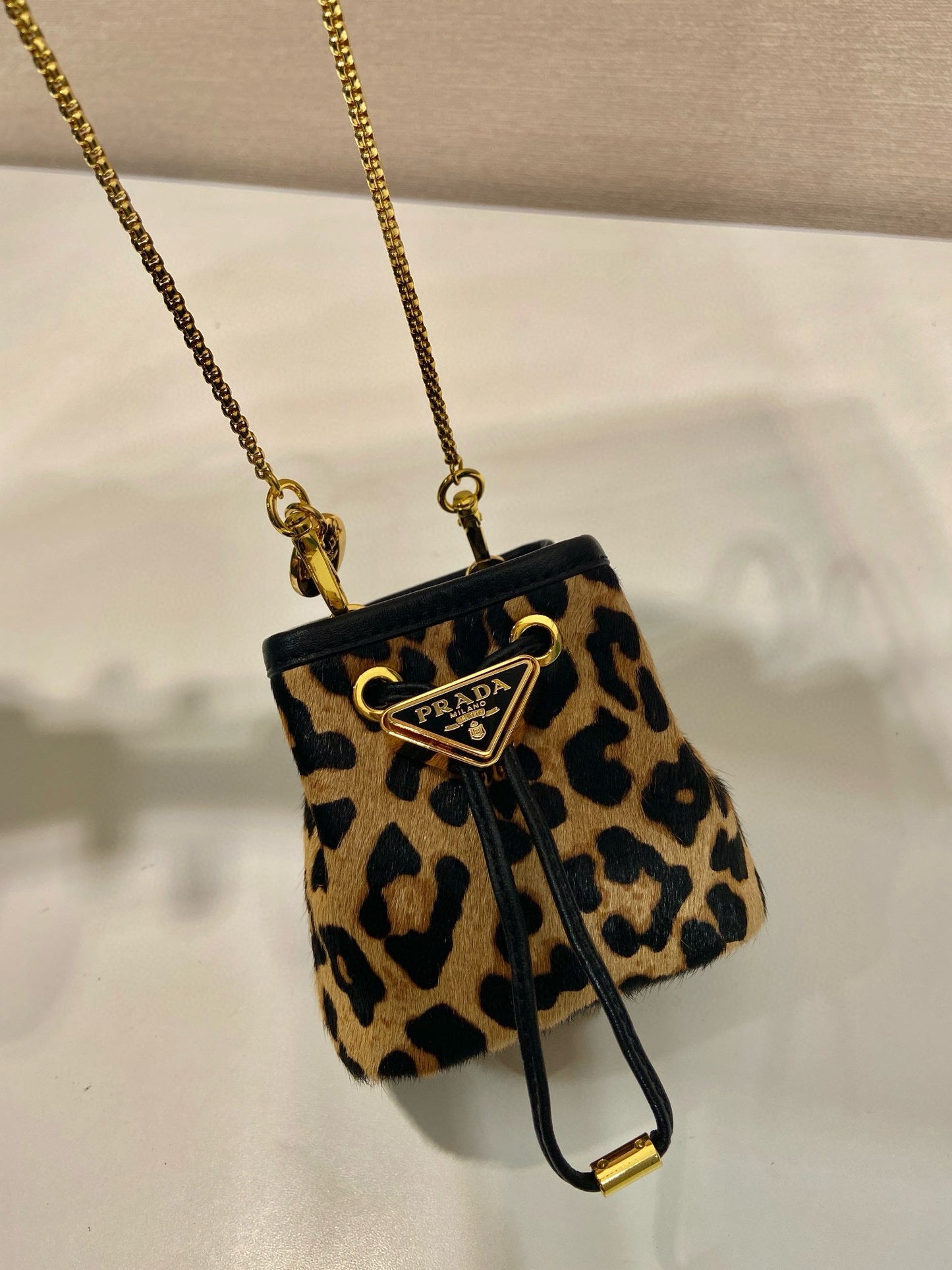 PRADA Mini Drawstring Pouch Black Brown Calfskin