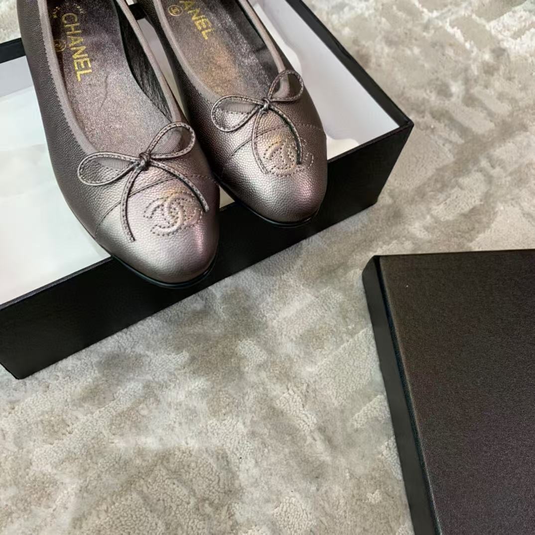 CHANEL Ballet Flat Grey Chocolate Grained Calfskin