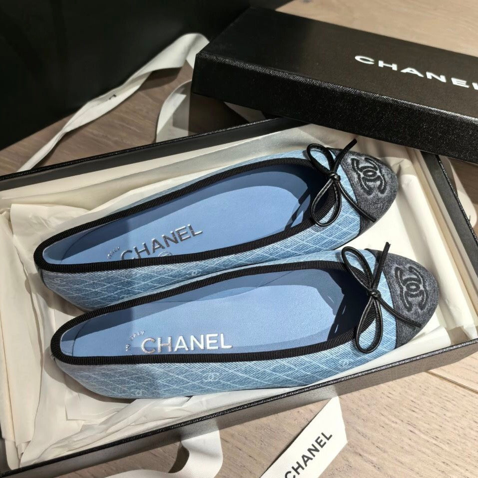 CHANEL 25 Ballet Flat Blue Denim White Quilted