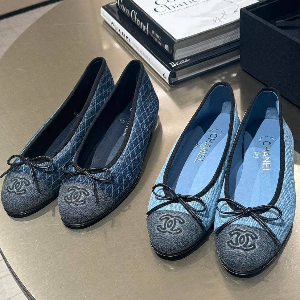 CHANEL 25 Ballet Flat Blue Denim White Quilted