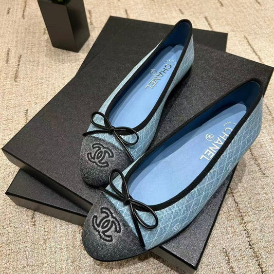 CHANEL 25 Ballet Flat Blue Denim White Quilted