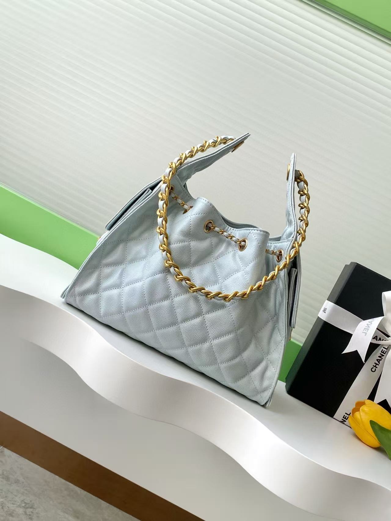 CHANEL 25C Hobo Bag 30cm Light Blue Grained Calfskin