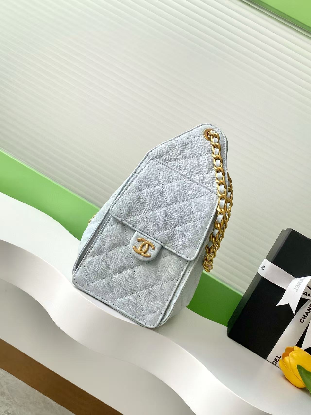 CHANEL 25C Hobo Bag 30cm Light Blue Grained Calfskin