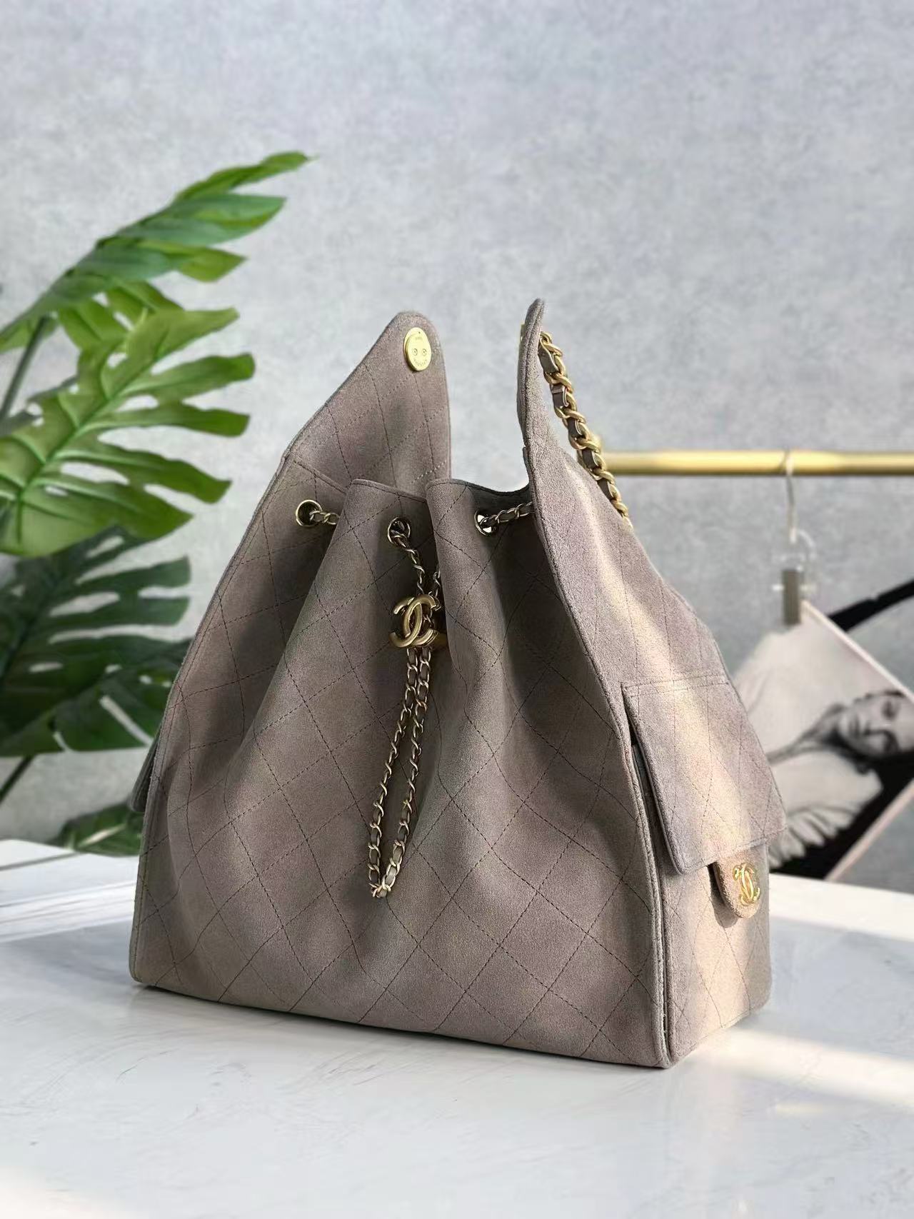 CHANEL 25C Hobo Bag 40cm Grey Suede