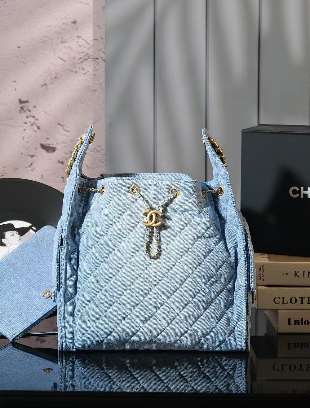 CHANEL 25C Hobo Bags 40cm Light Blue Denim