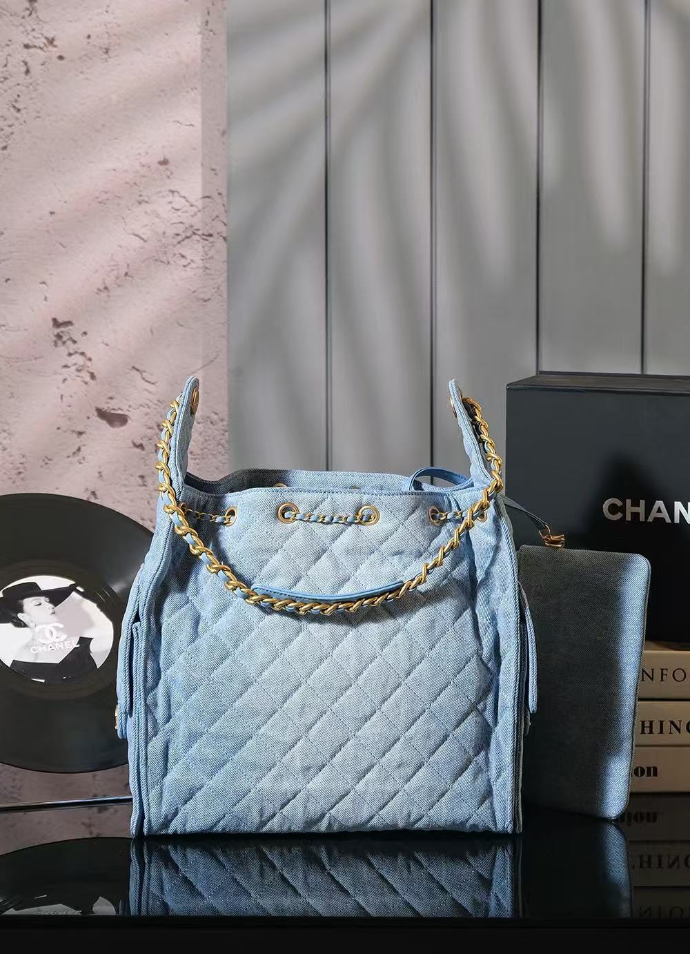 CHANEL 25C Hobo Bags 40cm Light Blue Denim