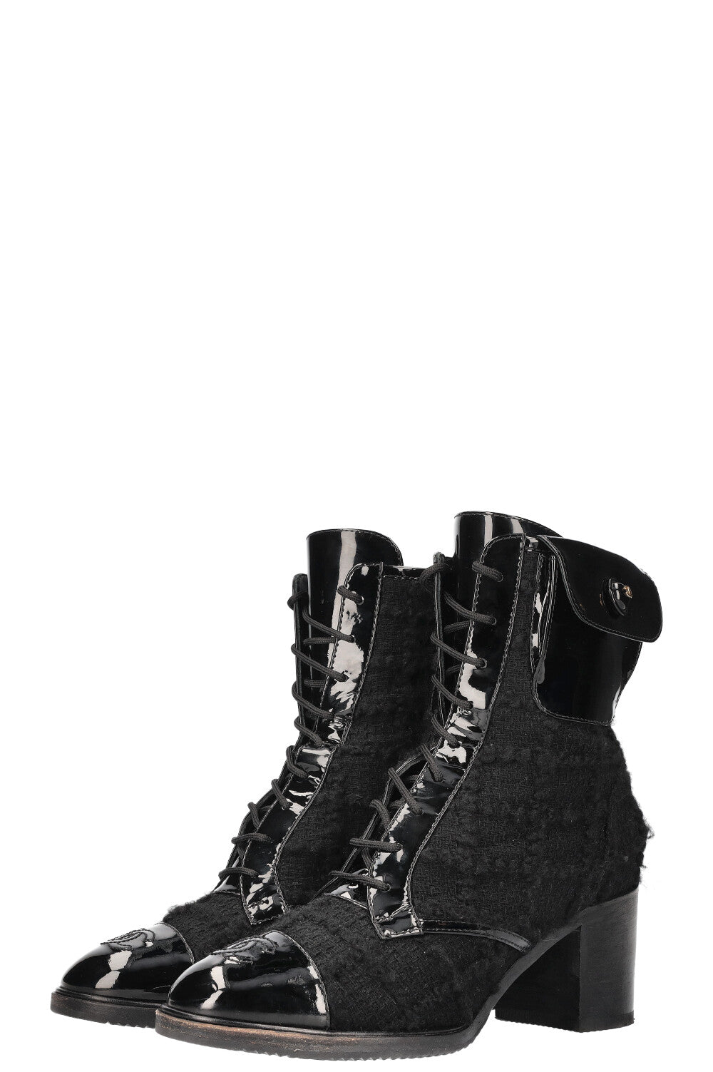 CHANEL Ankle Boots Tweed Patent Cap Black