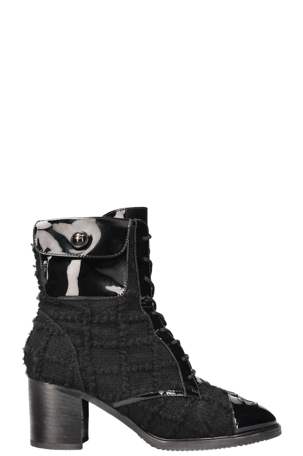 CHANEL Ankle Boots Tweed Patent Cap Black