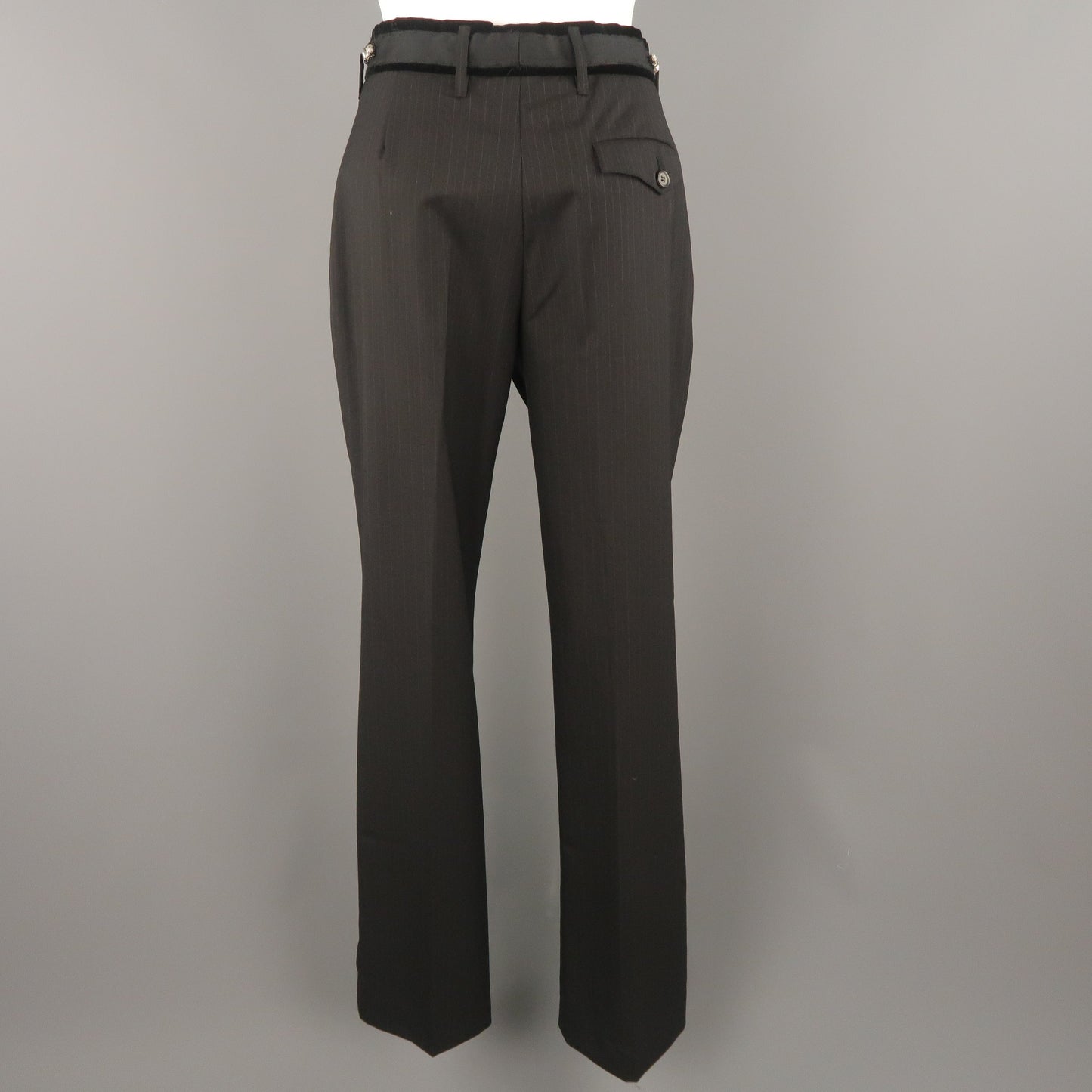 PRADA Size 4 Black Striped Virgin Wool Rhinestone Waistband Dress Pants