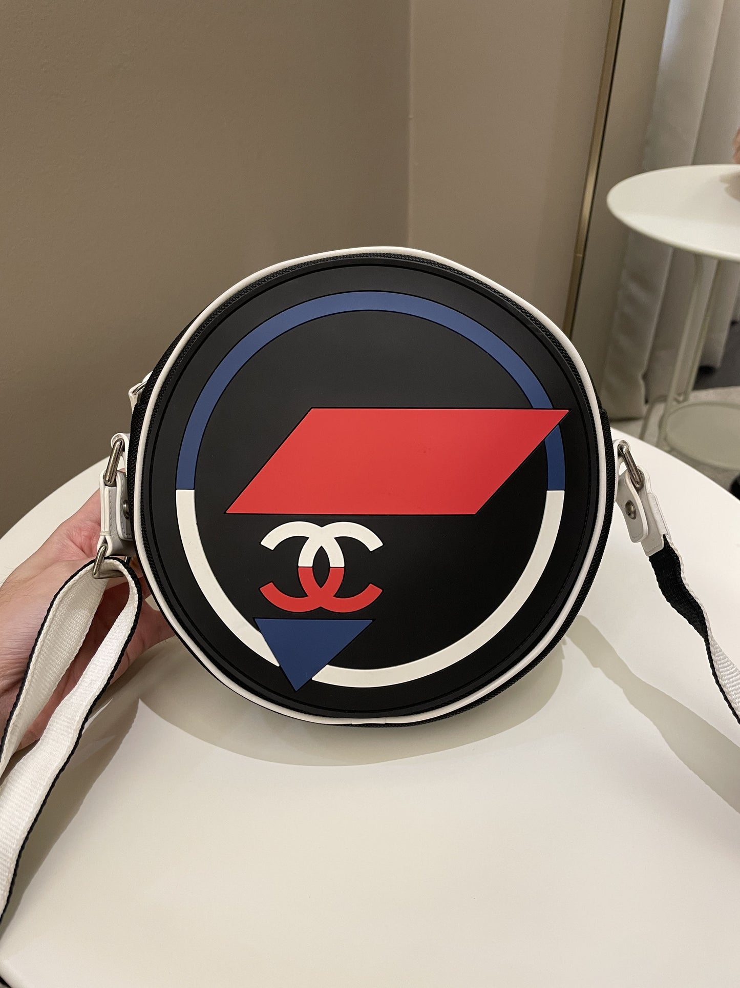 Chanel Airlines Round Crossbody Bag Black, Blue, Red, White Canvas and Rubber