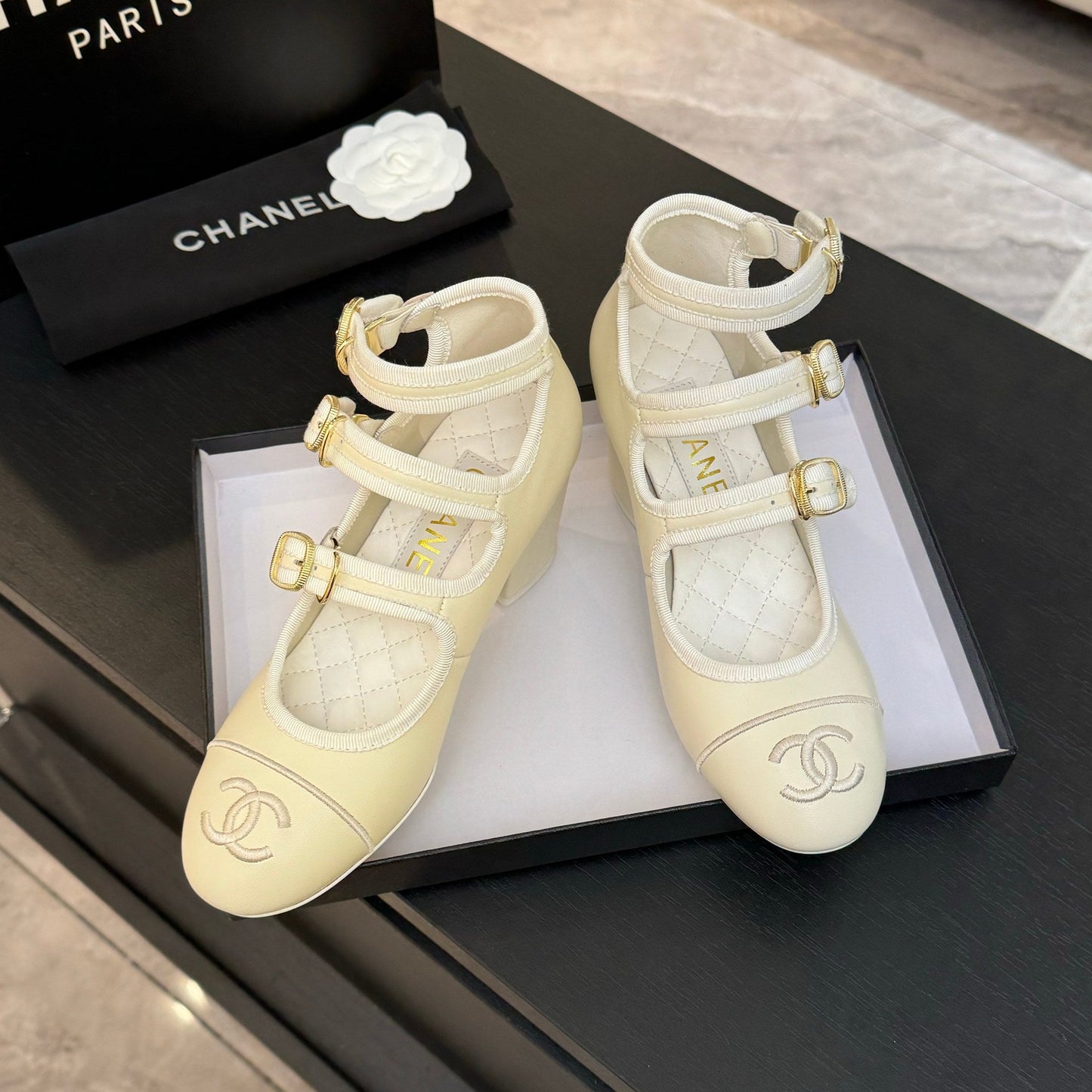 CHANEL 25S Mary Jane 70mm Triple Strap Calfskin