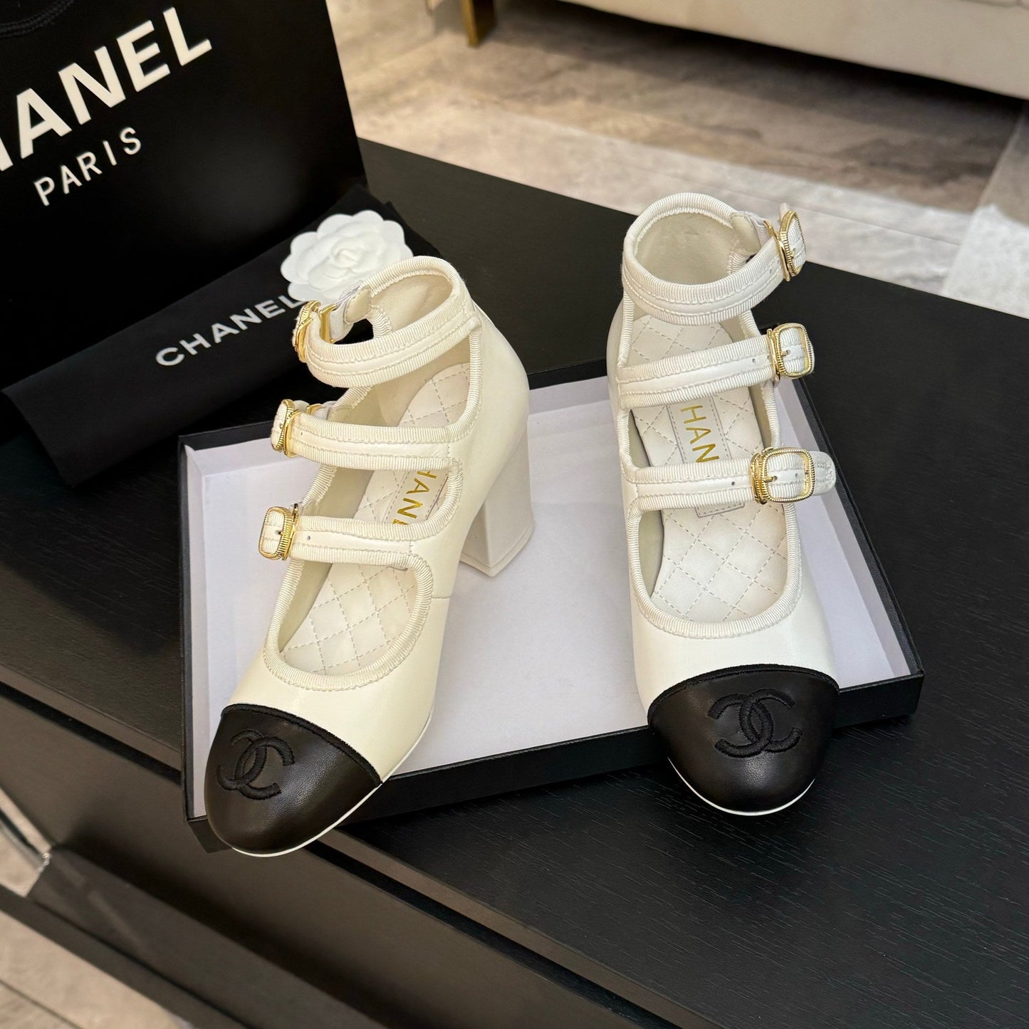 CHANEL 25S Mary Jane 70mm Triple Strap Calfskin