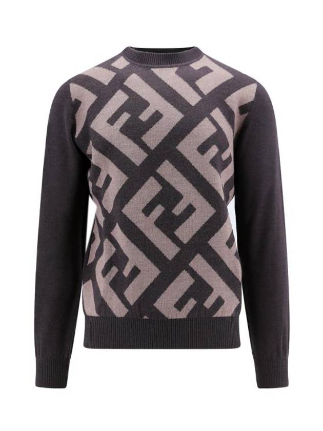Fendi Monogram Jacquard Wool Crewneck Knit Top Brown