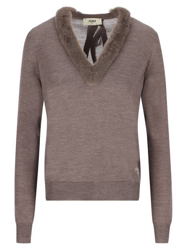 Fendi V-Neck Knit Top Grey