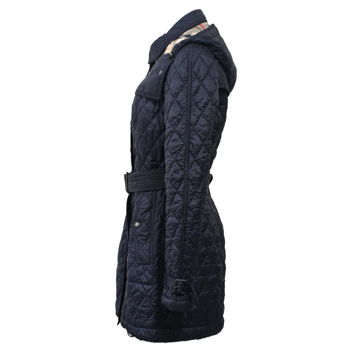 Burberry Belted Hooded Down Coat in Navy Blue Nylon