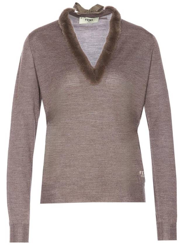 Fendi V-Neck Knit Top Grey