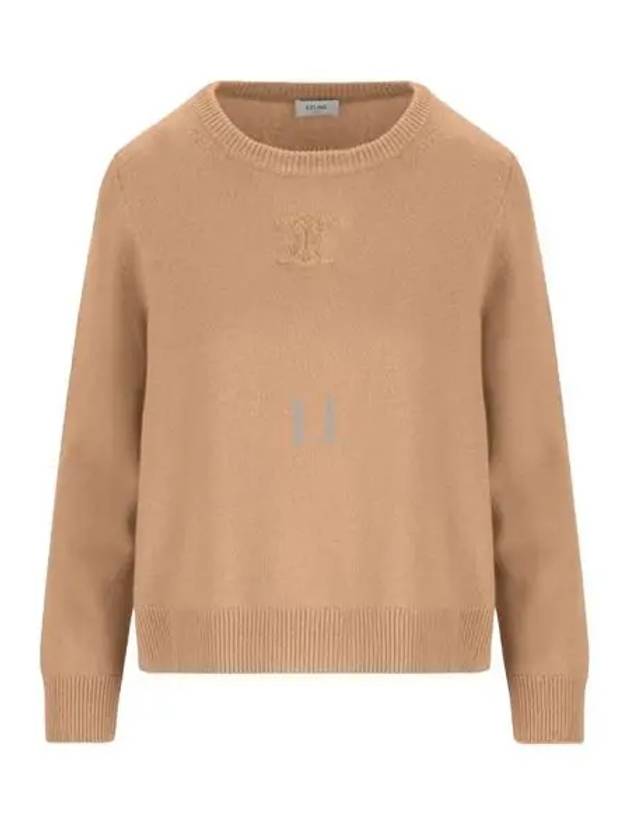 CELINE Triomphe Jacquard Crew Neck Heritage Cashmere Knit Top Camel