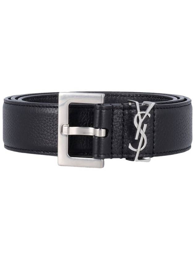 Saint Laurent Grained Leather Silver Monogram Belt Black