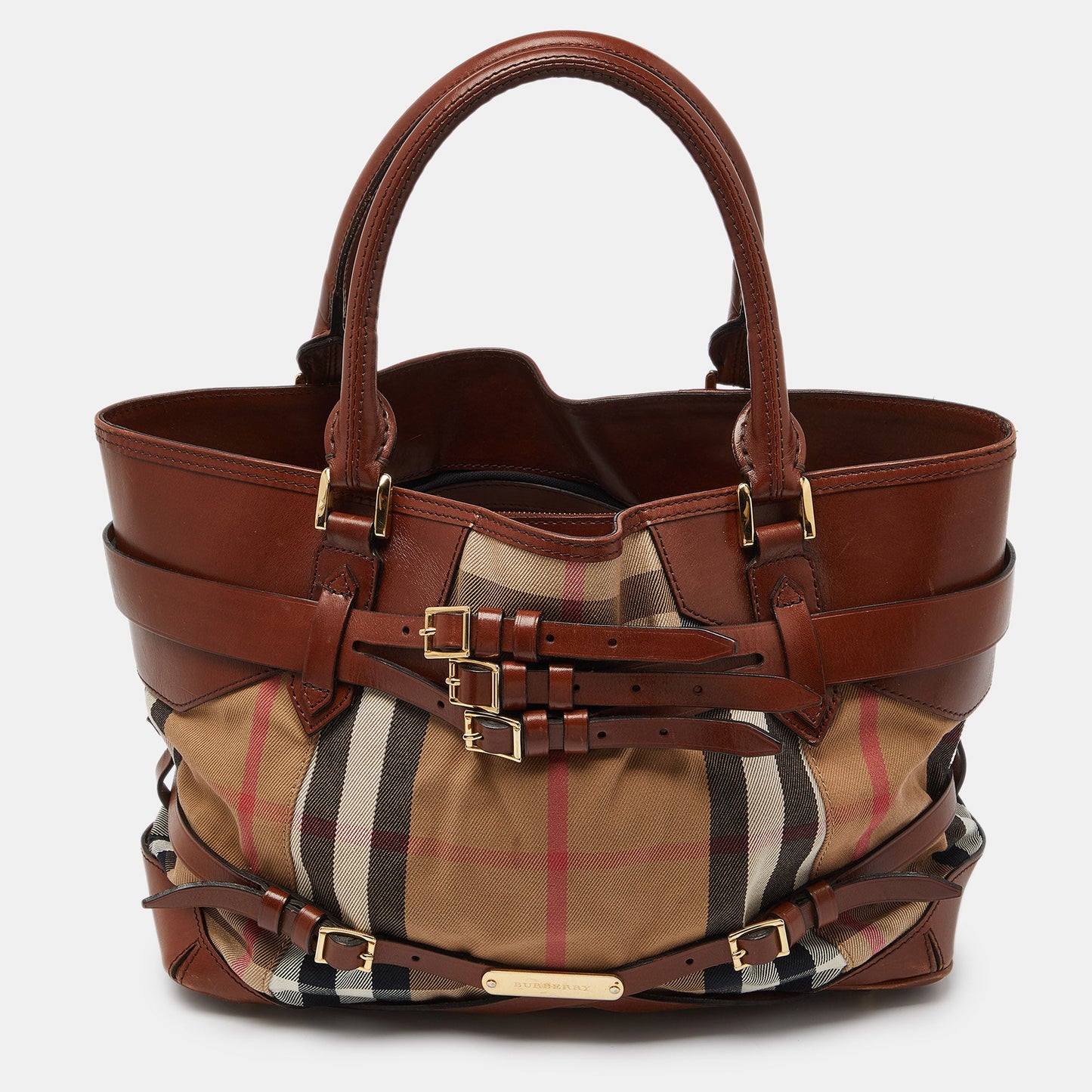 Burberry Beige/brown House Check Canvas And Leather Medium Bridle Lynher Tote