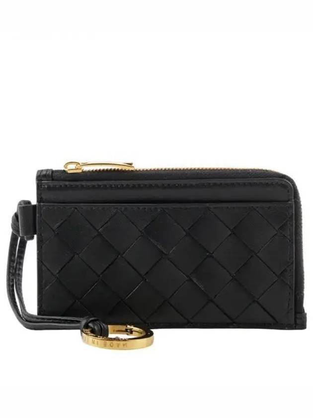 Bottega Veneta Intrecciato L Zip Leather Card Wallet Black