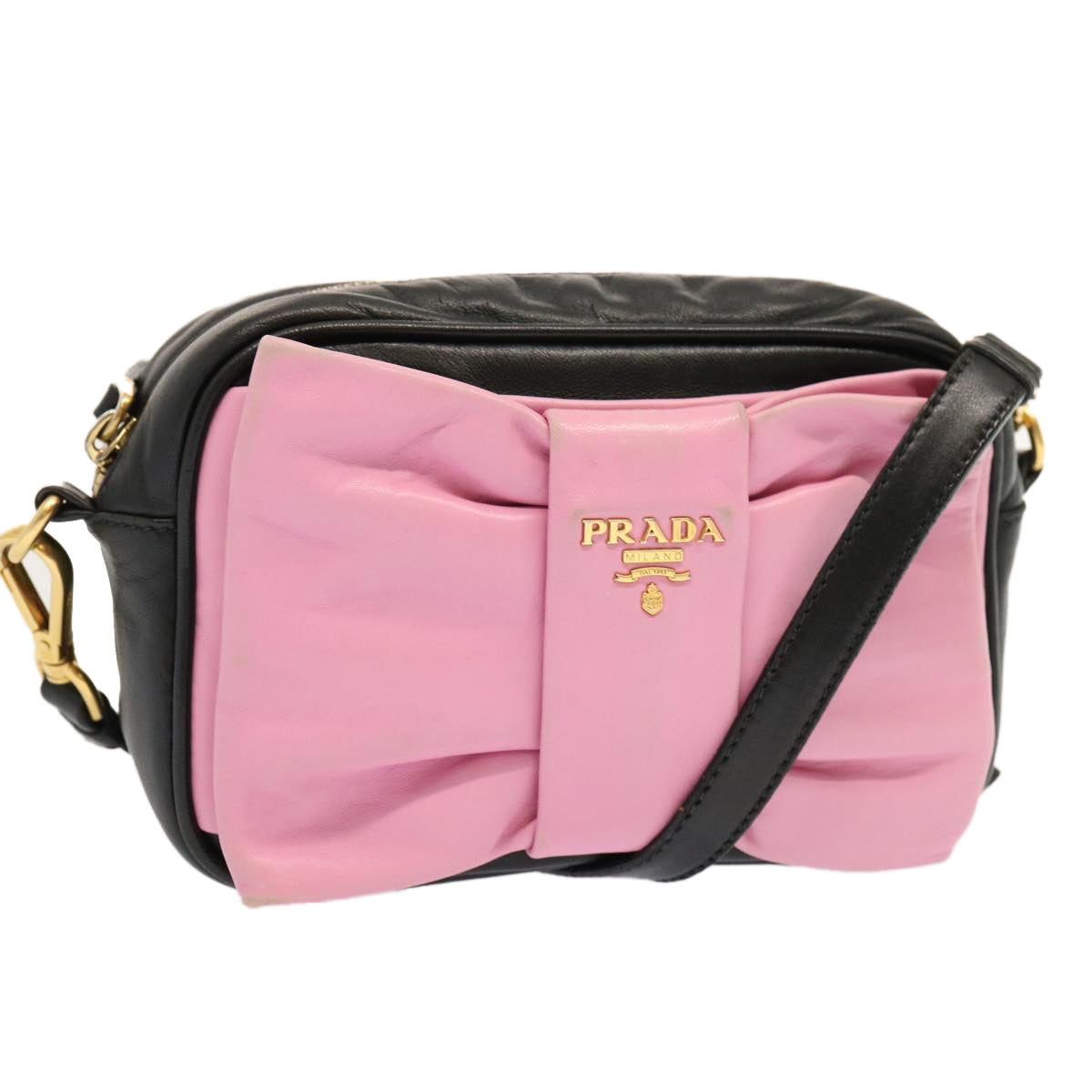 PRADA Ribbon Shoulder Bag Leather Pink Black am6034