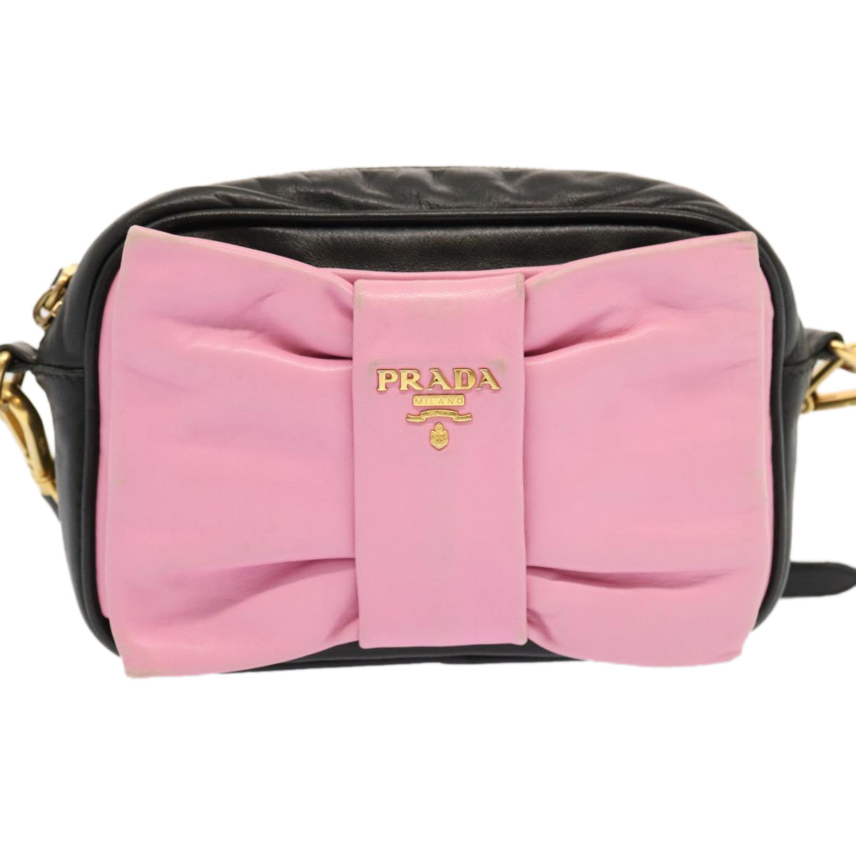 PRADA Ribbon Shoulder Bag Leather Pink Black am6034