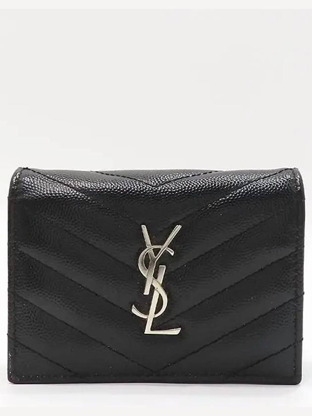 Saint Laurent 530841 Black leather monogram metal silver logo card holder bi fold wallet