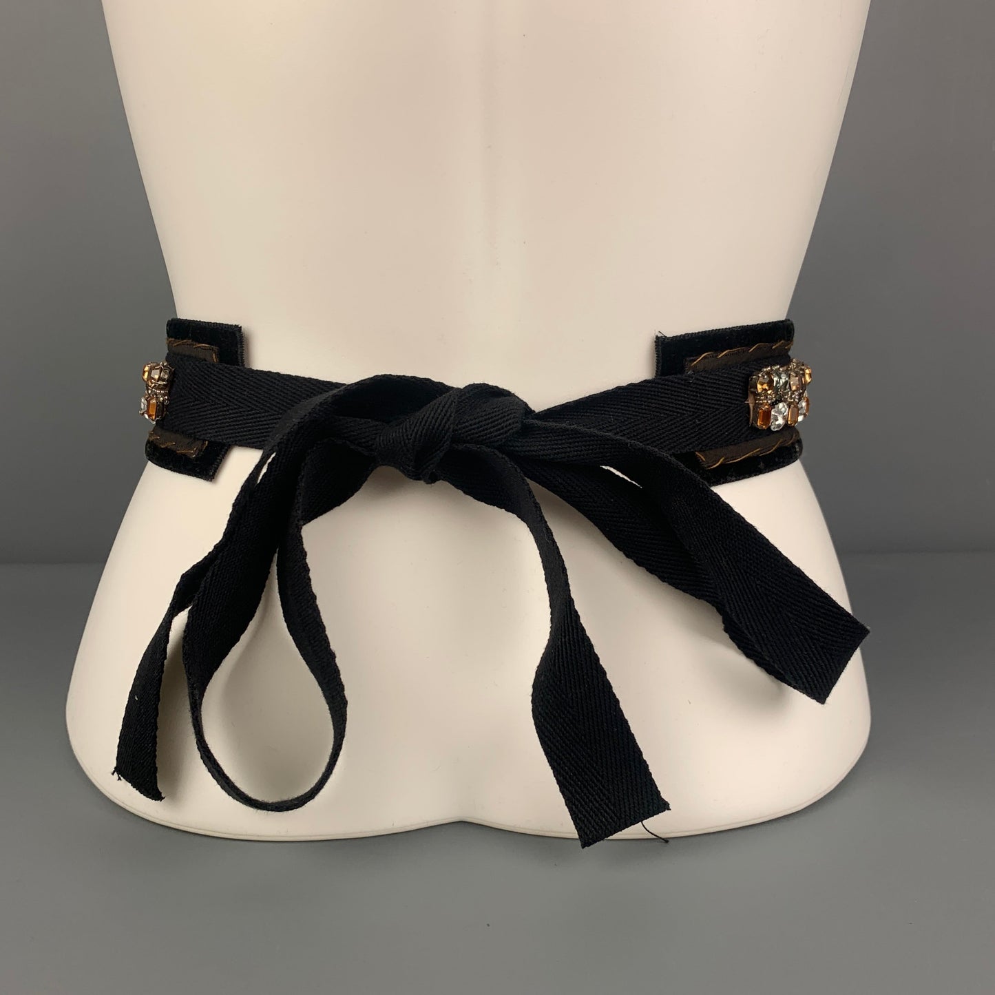 PRADA One Size Black Gold Velvet Rhinestones Belt