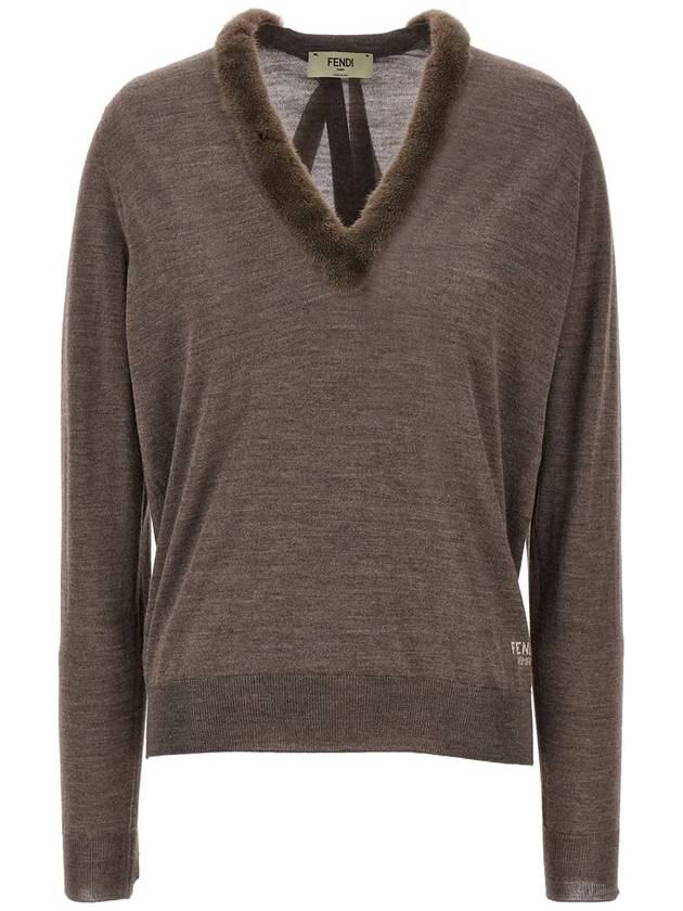 Fendi V-Neck Knit Top Grey