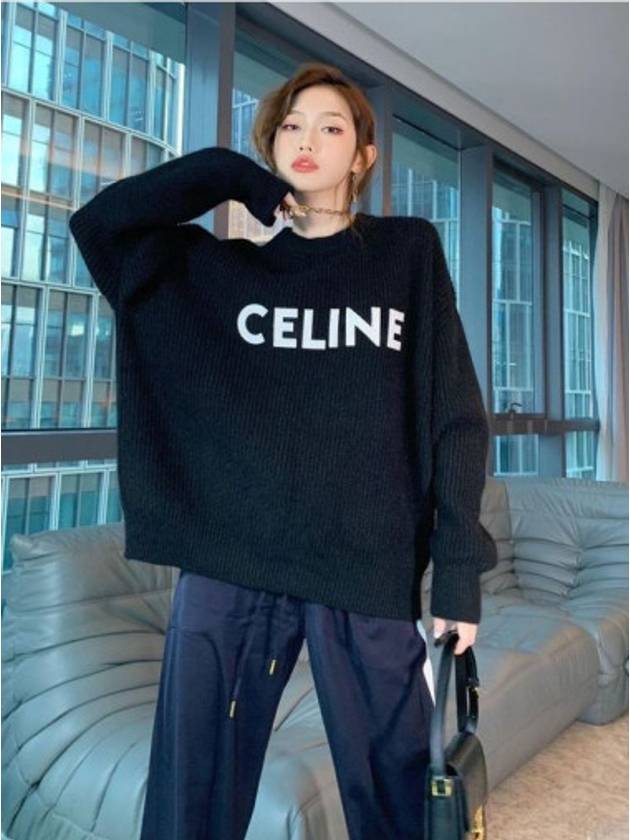 CELINE Logo Oversized Wool Knit Top Black