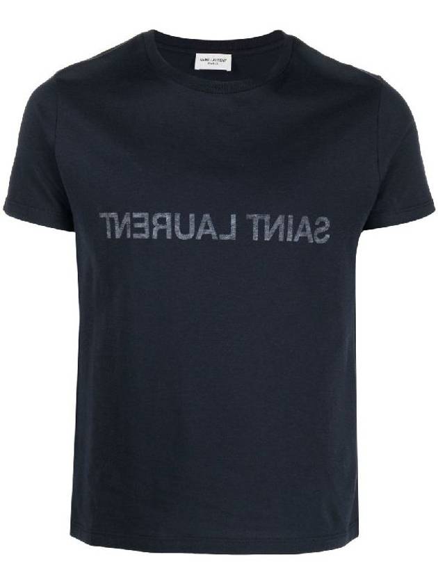 Saint Laurent Reverse Logo Print Cotton Short Sleeve T-Shirt Navy