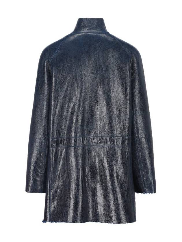 Fendi High Neck Leather Jacket Dark Blue